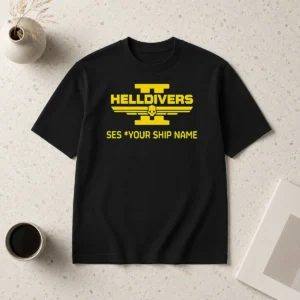 Nice Helldivers II See You Ship Name Shooting Game t shirt in black, featuring game-themed graphic and text