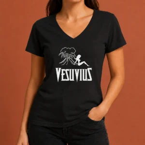 Funny Hot Vesuvius Volcano Pin Up Girl Retro Italy V Neck Shirt in red color with short sleeves