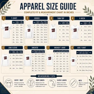 Size chart for Top Fear God Script Print Faith Inspired Minimalist Religious Statement showing measurements in inches and cm