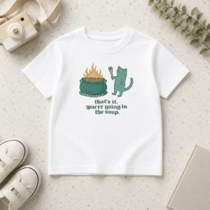 Top Happy Cat Holding Spoon Next To Cauldron You'Re Going In The Soup Kids T-Shirt