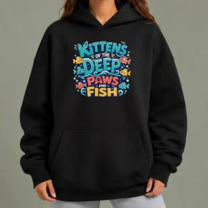 Original Kittens Of The Deep Paws And Fish Typography Hoodie in charcoal gray with front print design