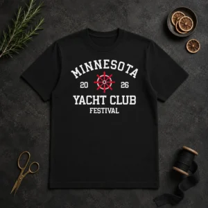 Official Minnesota Yacht Club Festival 2026 Badge t shirt in classic crew neck style with festival logo on front