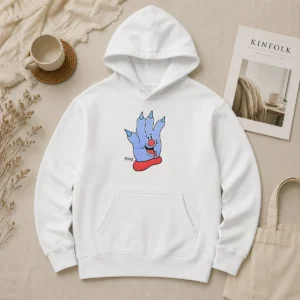 Funny Hot Sting Blue Cartoon Hand Character Mascot Hoodie with vibrant graphic on front, cozy pullover style