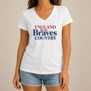 Hot Official England Is Braves Country V Neck Shirt in classic white with bold red text and England flag detail