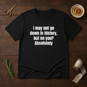 Hot I May Not Go Down In History But On You Absolutely t shirt in black with bold white text on front
