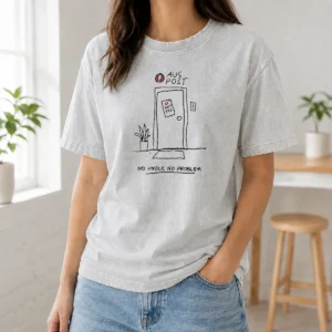 Funny Aus Post No Knock No Problem washed t shirt in light grey, front view showing printed text design
