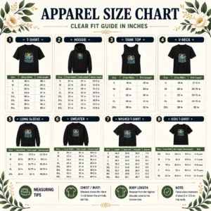 Size chart for Premium Cute Kittens Of The Sea Watercolor Line Art with measurements in inches and cm
