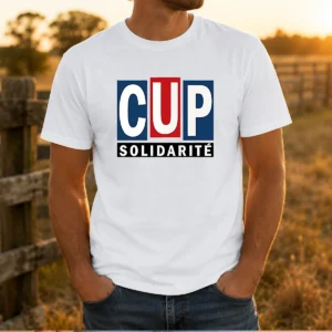 Pretty CUP Solidarity Red White Blue Logo t shirt showing front view of red, white, and blue graphic on a classic cotton tee