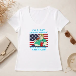 Pretty Fat Opioid Chompin Insulin Dependent American V Neck Shirt in black with bold white text on front