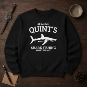 Good Quint'S Est 1975 Shark Fishing Amity Island Silhouette Sweater in charcoal gray with front graphic