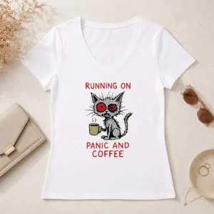 Pretty Running On Panic And Coffee Cat Caffeine V-Neck Shirt