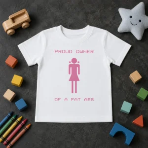 Perfect Funny Proud Owner Of A Fat Ass Kids T Shirt in bright colors, short-sleeve cotton tee for children