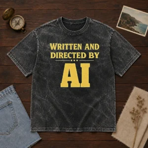 Top Written And Directed By AI Bold Text design on a soft washed t shirt in light gray