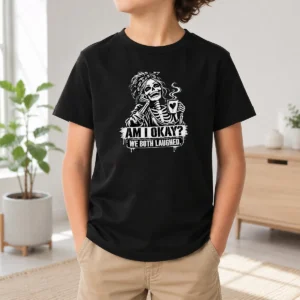 Good Nice Humorous Skeleton Girl Coffee Quote Halloween Kids T-Shirt