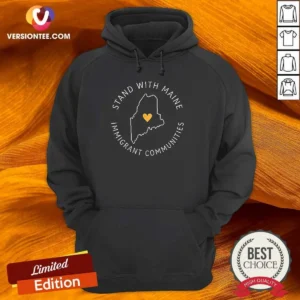 Nice Stand With Maine Immigrant Communities Solidarity Hoodie in black, front view with drawstring hood and kangaroo pocket