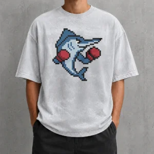 Pretty Miami Marlins Mascot Wearing Gloves El Caballo Pixel Style printed on a soft washed t shirt in white