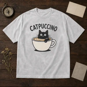 Awesome Catpuccino Black Cat In A Coffee Cup Cappuccino Washed T Shirt showing front print on soft cotton fabric