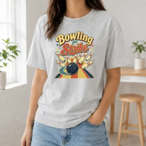 Pretty Bowling For Strike Vintage Washed T Shirt showing front design on soft, worn fabric