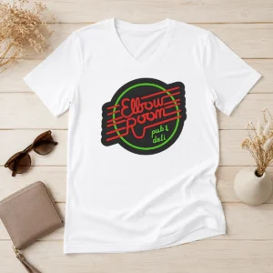 Top Pretty Elbow Room Pub And Deli Neon Sign V Neck Shirt in dark gray with short sleeves