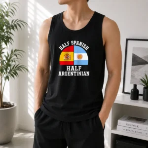 Official Half Spanish Half Argentinian Flags Tank Top featuring vibrant dual flag design on sleeveless cotton fabric