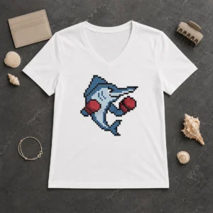 Good Miami Marlins Mascot Wearing Gloves El Caballo Pixel Style V Neck Shirt with pixel art design on a comfortable v neck garment