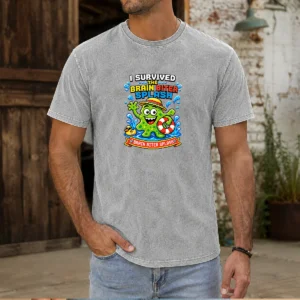 Funny Brain Biter Splash Pixel Survival Washed T-Shirt