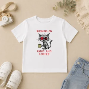 Pretty Running On Panic And Coffee Cat Caffeine Kids T-Shirt