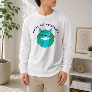 Top Neighbors From Woot! long sleeve shirt showing front view with colorful graphic print on soft cotton fabric