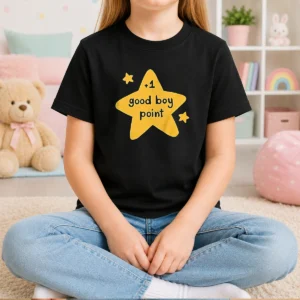 Hot Plus 1 Good Boy Point Star Reward Positive Reinforcement Kids T Shirt in blue, front view with short sleeves