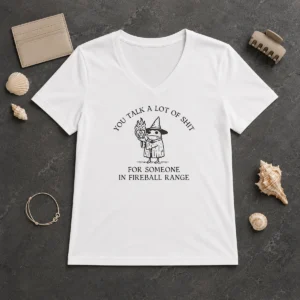 Awesome Dungeon Frog Wizard You Talk A Lot Of Shit For Someone In Fireball Range V Neck Shirt in dark color, front view