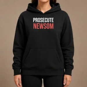Good Awesome Prosecute Newsom Hoodie in black with front graphic print, comfortable pullover style with kangaroo pocket