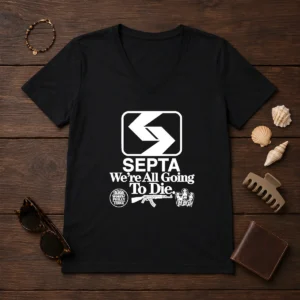 Pretty SEPTA We Are All Going To Die Worst Of Philly Eternal Gangramgram V Neck Shirt in black, comfortable fit with short sleeves