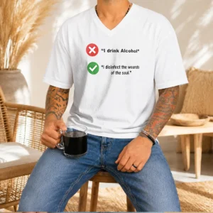 Funny I Drink Alcohol I Disinfect The Wounds Of The Soul V Neck Shirt in black, soft fabric with short sleeves