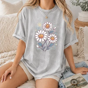 Funny With Cat Daisies Washed T-Shirt