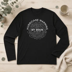 Official Overthinking Cyclone Warning Minimal Text Graphic Long Sleeve Shirt in black with white text design