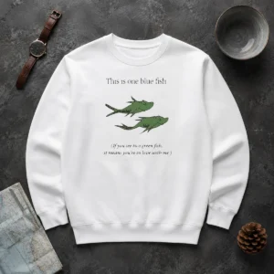 Hot Original Dr Seuss Parody One Blue Fish Two Green Fish Love Meme Yellow Graphic Sweater