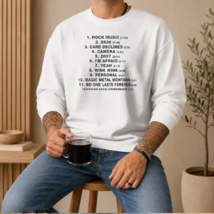 Top No One Lasts Forever Featuring David Cronenberg Tracklist Sweater in cozy knit fabric with clear tracklist print