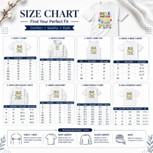 Size chart for Funny Top Here We Go Again I Mean Welcome Back Lunch Lady with measurements in inches and cm
