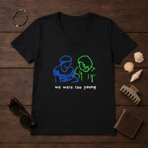 Premium We Were Too Young Line Art Couple V-Neck Shirt