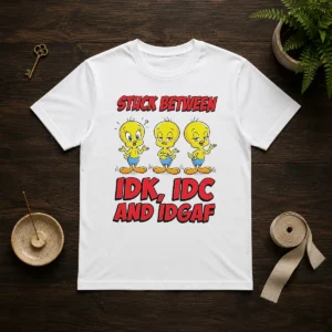 Top Tweety Stuck Between IDK IDC And IDGAF t shirt in black, classic crew neck short sleeve tee