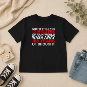 Perfect What If I Told You 17 Minutes Of Rain Would Wash Away 108 Years Of Drought kids t shirt in white, front view