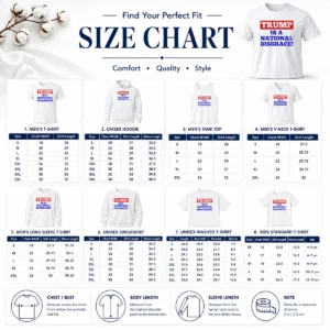 Size chart for Original Trump Is A National Disgrace Political Protest shirt with measurements in inches and cm