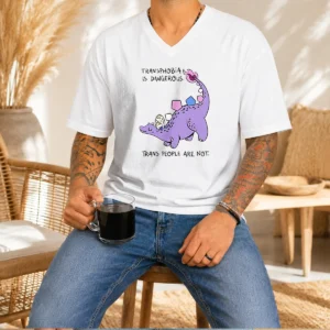 Premium Transphobia Is Dangerous Trans People Are Not V Neck Shirt in black, front view with short sleeves