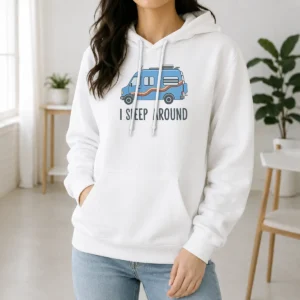 Original Top I Sleep Around Tyler Genocchio Hoodie in black with front graphic print and adjustable drawstring hood
