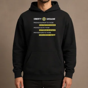 Pretty Liberty Ukraine Support Aid And Hope For Those Affected By The War Hoodie in blue, front view with drawstring hood and kangaroo pocket