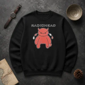 Original Pretty Radiohead Distressed Crying Devil Character Sweater in dark gray with graphic print on front