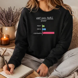 Top What Gives People Power Money Status Mitochondria long sleeve shirt in black with bold white text design