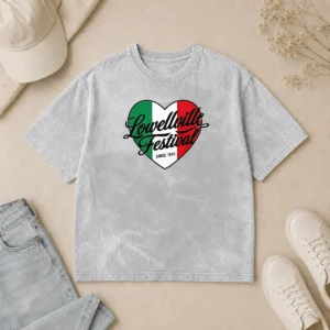 Top Hot Lowellville Festival Since 1895 Italian Heart printed on a soft washed t shirt in light gray