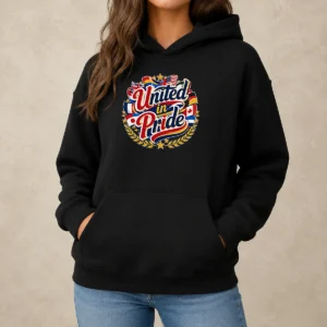 Awesome United In Pride National Flag Typography Hoodie in black, front view with colorful flag text