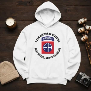 Hot 82nd Airborne Division Fort Bragg Military Hoodie in dark color with front logo and drawstring hood